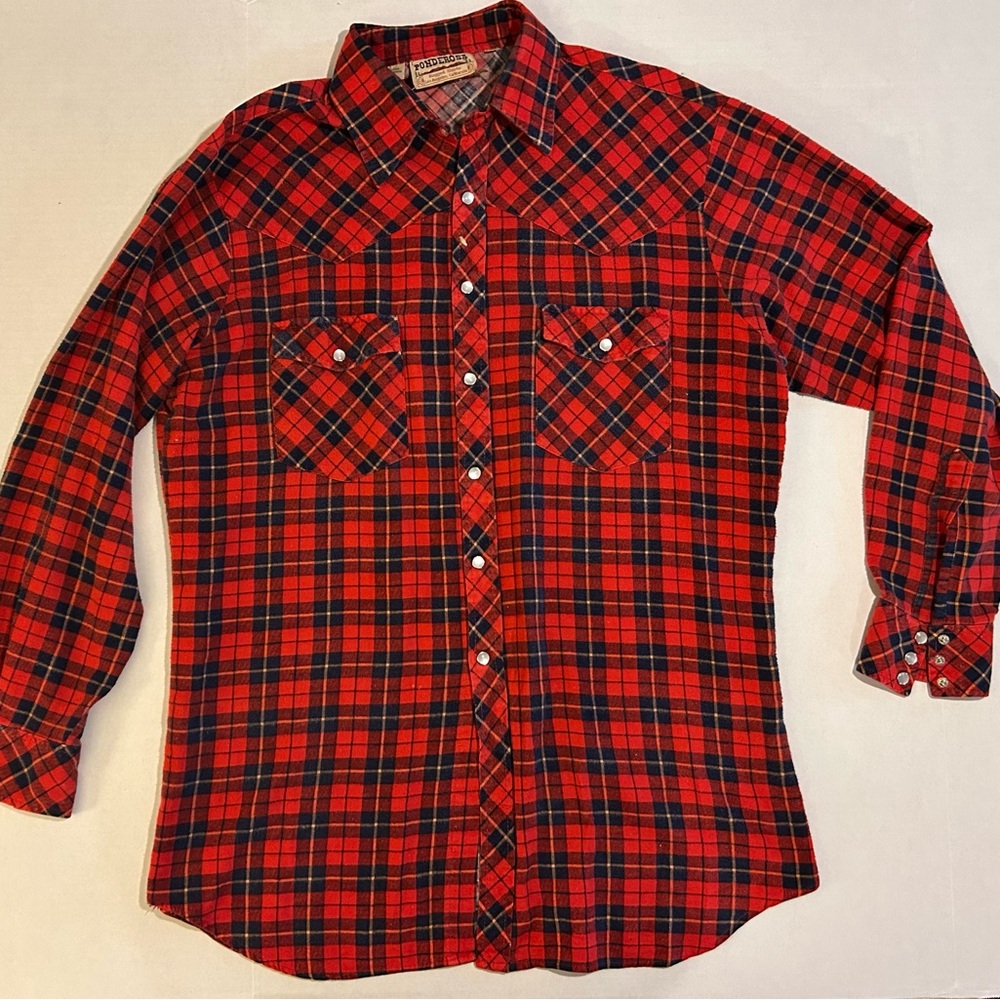 Vintage Ponderosa Men's Western Plaid Button Up Shirt Black/Red w/ Pearl Snaps
